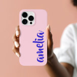 Blue custom name script pink Case-Mate iPhone 14 pro max hülle<br><div class="desc">Pink phone cover featuring your name in blue in a script font.</div>