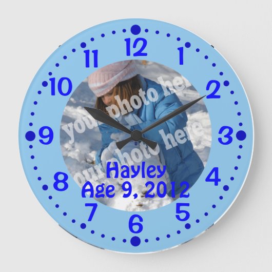 Blue Custom Photo Text Clock w/ Minutes Template Große Wanduhr (Vorderseite)