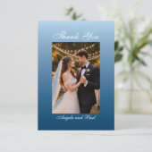 Blue Custom Photo Wedding Thank You Card Flat Dankeskarte (Stehend Vorderseite)