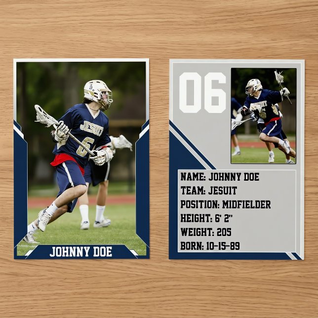Blue Custom Sports Trading Card Pack (100) (Navy blue sports trading cards on desk. Personalize with player photos and text. Great senior gift!)