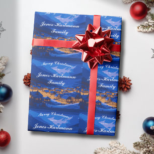Blue Custom Winter Village Weihnachten Geschenkpapier