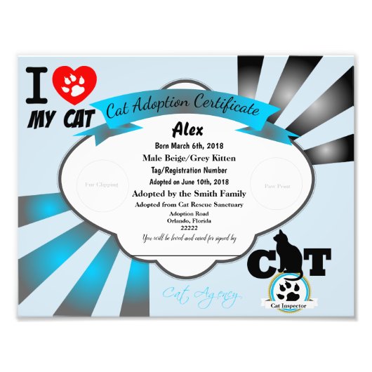 Blue Customizable Cat Adoption Certificate Fotodruck (Vorne)
