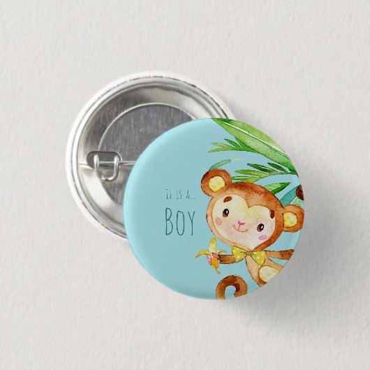 Blue Cute Monkey Baby Boy Announcement 2 Button (Vorne & Hinten)