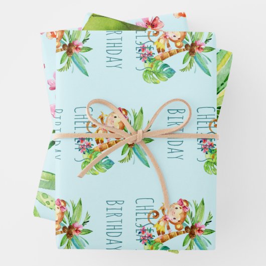 Blue Cute Monkey Personalized Happy Birthday Geschenkpapier Set (Beispiel)
