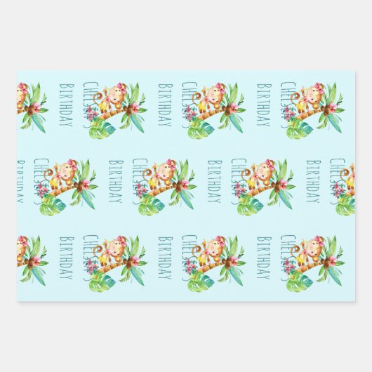 Blue Cute Monkey Personalized Happy Birthday Geschenkpapier Set (Vorderseite)