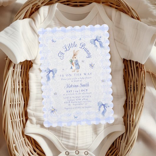 Blue Cute Rabbit Gingham lace Baby Shower Einladung