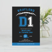 Blue D1 American Football First Birthday Einladung (Stehend Vorderseite)