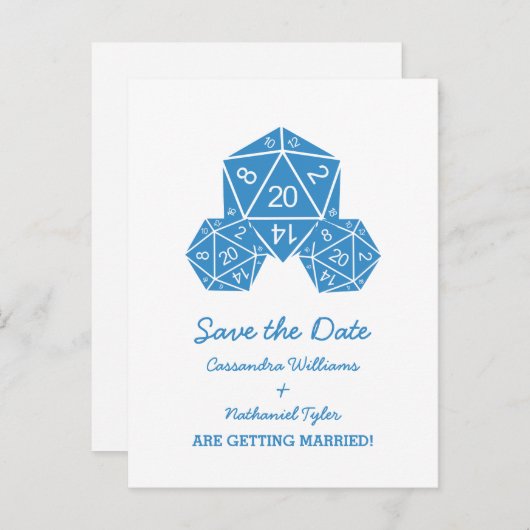 Blue D20 Dice Save the Date Postkarte (Vorne/Hinten)