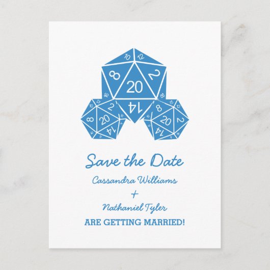 Blue D20 Dice Save the Date Postkarte (Vorderseite)