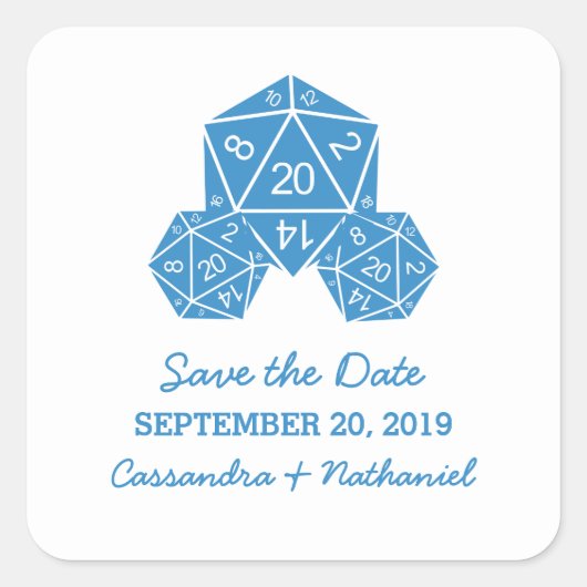 Blue D20 Dice Save the Date Stickers (Vorderseite)