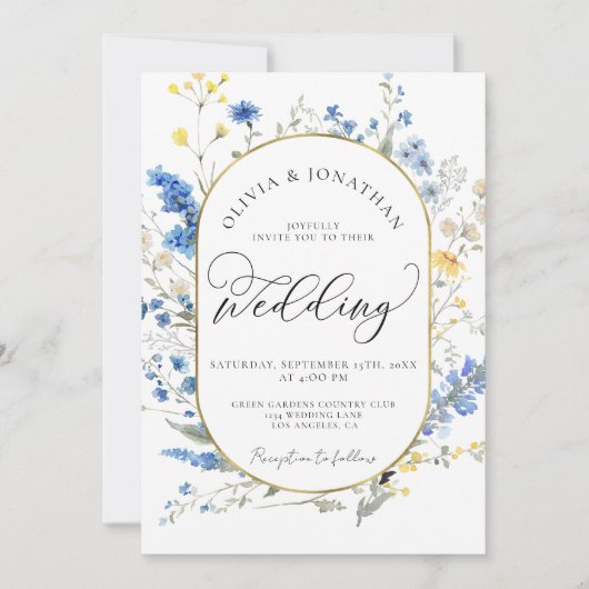 Blue Dainty Gold All in 1 Budget QR Code Hochzeit Einladung (Vorderseite)