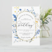 Blue Dainty Gold All in 1 Budget QR Code Hochzeit Einladung (Stehend Vorderseite)