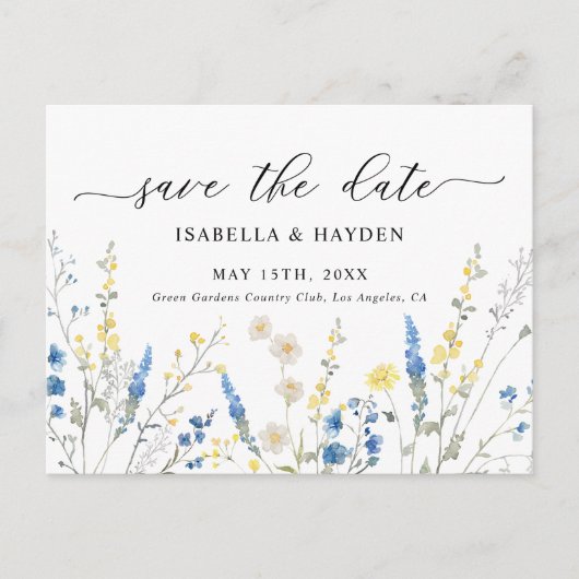 Blue Dainty Wild Blume Navy Floral Save the Date Ankündigungspostkarte (Vorderseite)