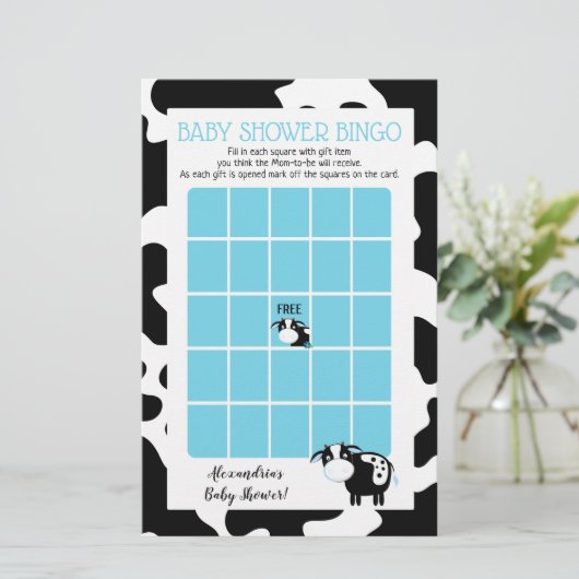 Blue Dairy Cow Baby Shower Bingo Game (Stehend Vorderseite)