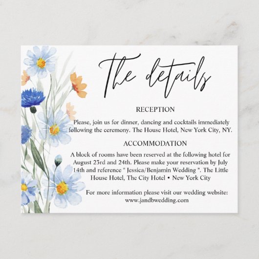 Blue Daisies Floral Wedding Details Begleitkarte (Vorderseite)