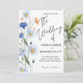 Blue Daisies Floral Wedding Einladung (Stehend Vorderseite)