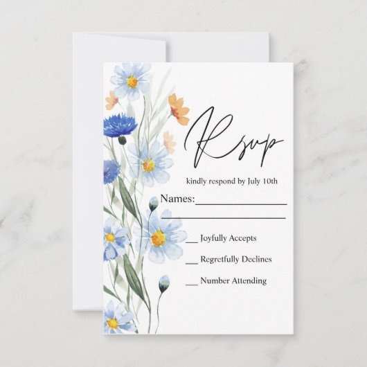 Blue Daisies Floral Wedding RSVP Karte (Vorderseite)