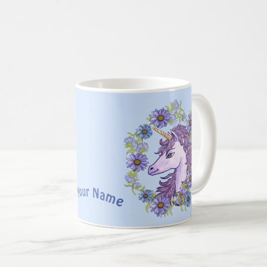 Blue Daisies Unicorn Kaffeetasse (VorderseiteRechts)