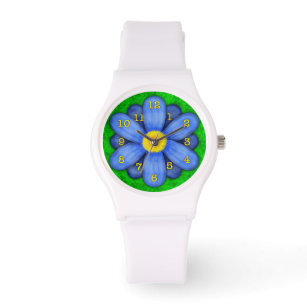 Blue Daisy Blume auf Green Beautiful Armbanduhr
