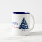 Blue Daisy Christmas Tree Frohe Weihnachtsname Zweifarbige Tasse (VorderseiteRechts)