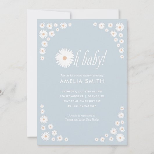 Blue Daisy Floral Boho Kinderdusche Einladung (Vorderseite)
