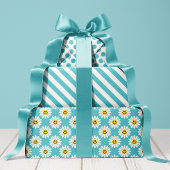 Blue Daisy Floral Stripes Polka Dot Geschenkpapier Set