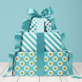 Blue Daisy Floral Stripes Polka Dot Geschenkpapier Set