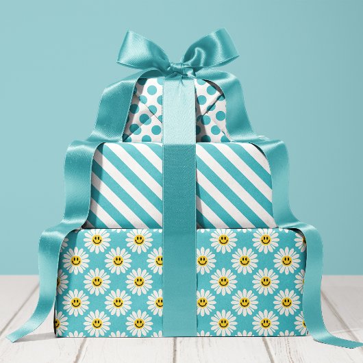Blue Daisy Floral Stripes Polka Dot Geschenkpapier Set