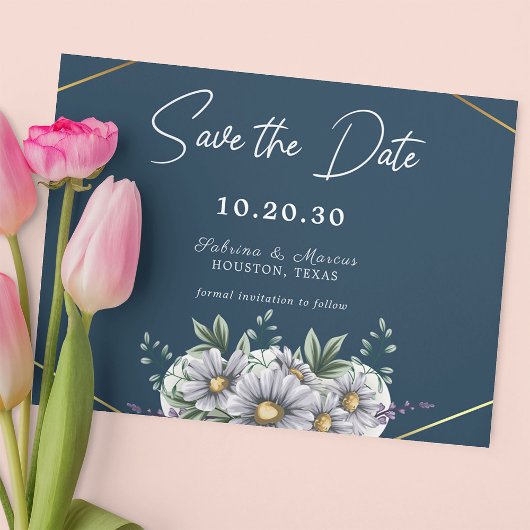 Blue Daisy Floral Wedding Save the Date Einladung