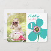 Blue Daisy Pop Blume Niedlich Foto Girl 1. Geburts Einladung (Vorderseite)