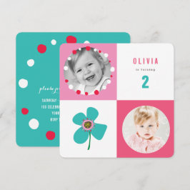 Blue Daisy Pop Squares Girl Birthday Foto Einladun Einladung