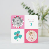 Blue Daisy Pop Squares Girl Birthday Foto Einladun Einladung (Stehend Vorderseite)
