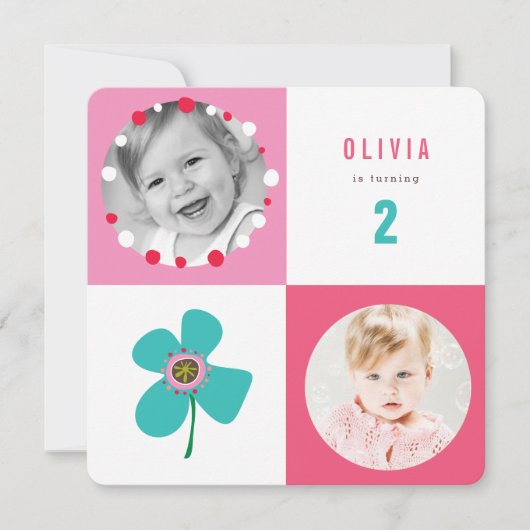 Blue Daisy Pop Squares Girl Birthday Foto Einladun Einladung (Vorderseite)