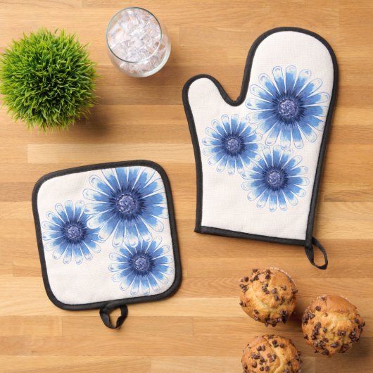 Blue Daisy Pot Holder Ofenhandschuh & Topflappen-Set (Oben Unten)