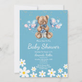 Blue Daisy Teddy Bear Baby Dusche Einladung (Vorderseite)