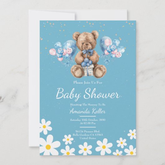Blue Daisy Teddy Bear Baby Dusche Einladung (Vorderseite)