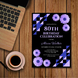 Blue Daisy Triangle Geometric Black Birthday Einladung