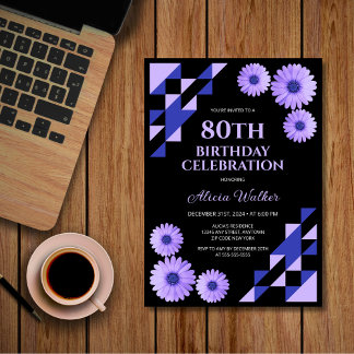 Blue Daisy Triangle Geometric Black Birthday Einladung