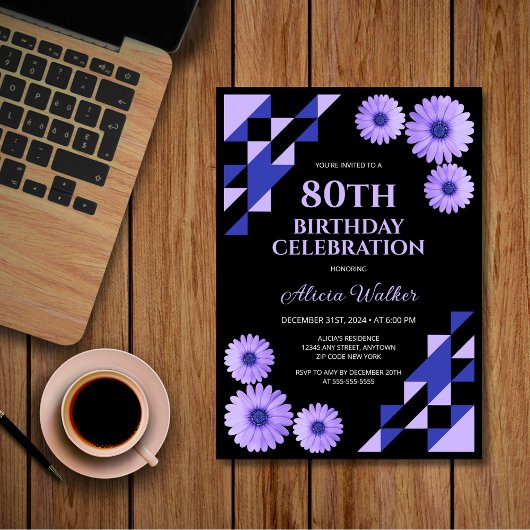 Blue Daisy Triangle Geometric Black Birthday Einladung