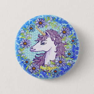 Blue Daisy Unicorn Button