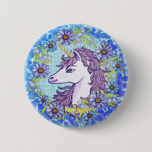 Blue Daisy Unicorn Button (Vorderseite)