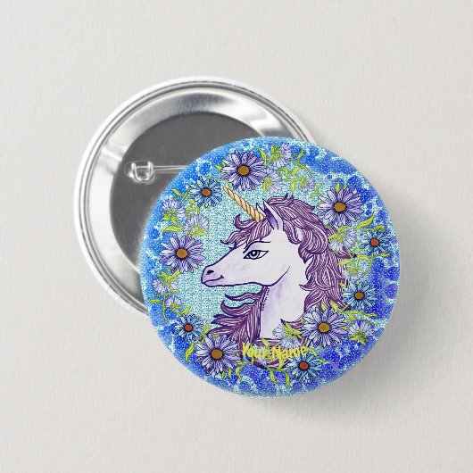 Blue Daisy Unicorn Button (Vorne & Hinten)