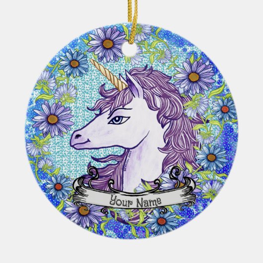 Blue Daisy Unicorn Keramik Ornament (Vorne)
