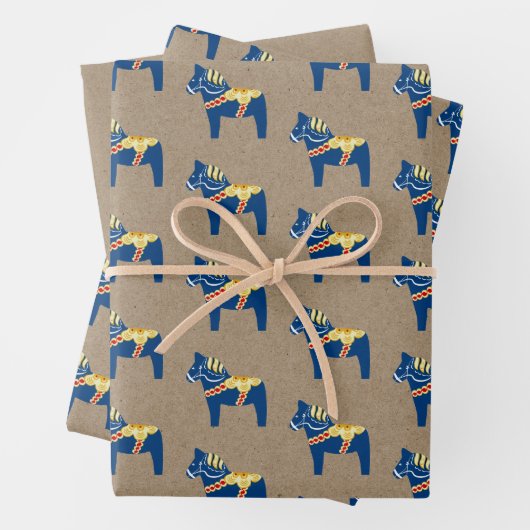 Blue Dala Horse Wrapping Paper Flat Sheet Set 3 Geschenkpapier Set (Beispiel)