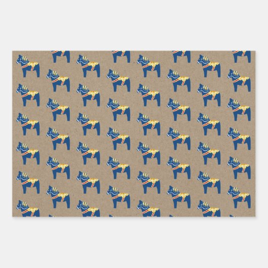 Blue Dala Horse Wrapping Paper Flat Sheet Set 3 Geschenkpapier Set (Vorderseite)