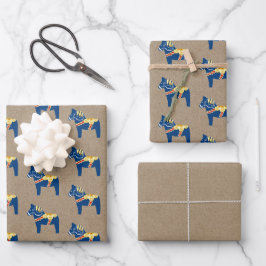 Blue Dala Horse Wrapping Paper Flat Sheet Set 3 Geschenkpapier Set
