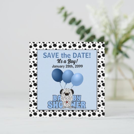 Blue Dalmatiner Boys Baby Dusche Save The Date (Stehend Vorderseite)