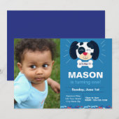 Blue Dalmatiner Geburtstag Einladung mit Foto (Vorne/Hinten)