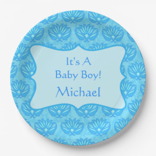 Blue Damask Baby Boy Name Personalisiert Pappteller