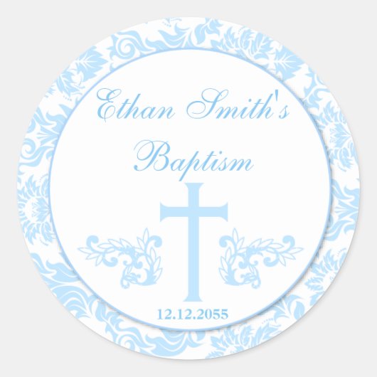 Blue Damask Baptisse Gefallen Stickers Siegel (Vorderseite)